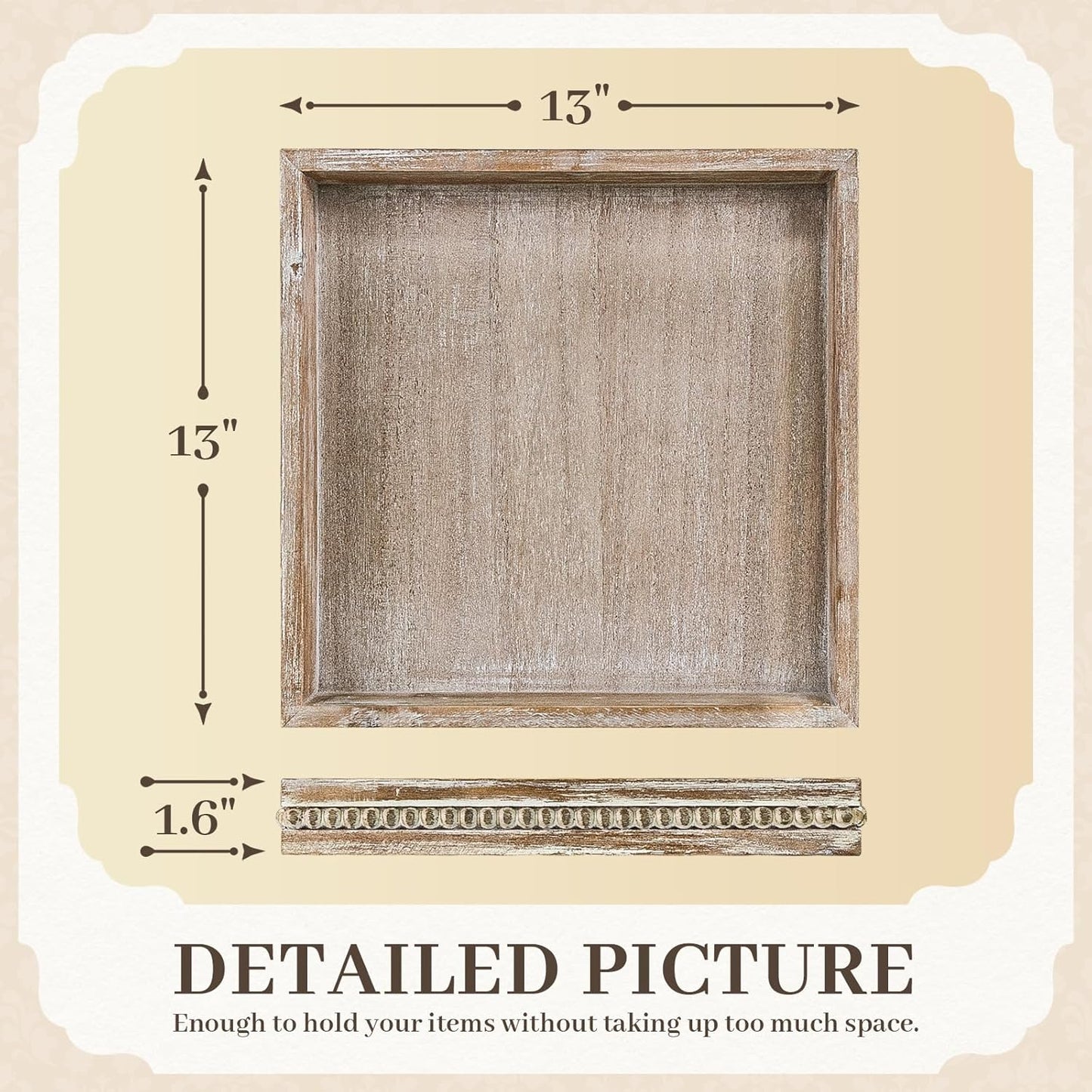 Wooden Decorative Tray, Small Serving Tray with Wood Bead, Farmhouse Big Tray for Ottoman, Countertop, Coffee Tabl, 13" x 13"x 1.6" (White Washed)