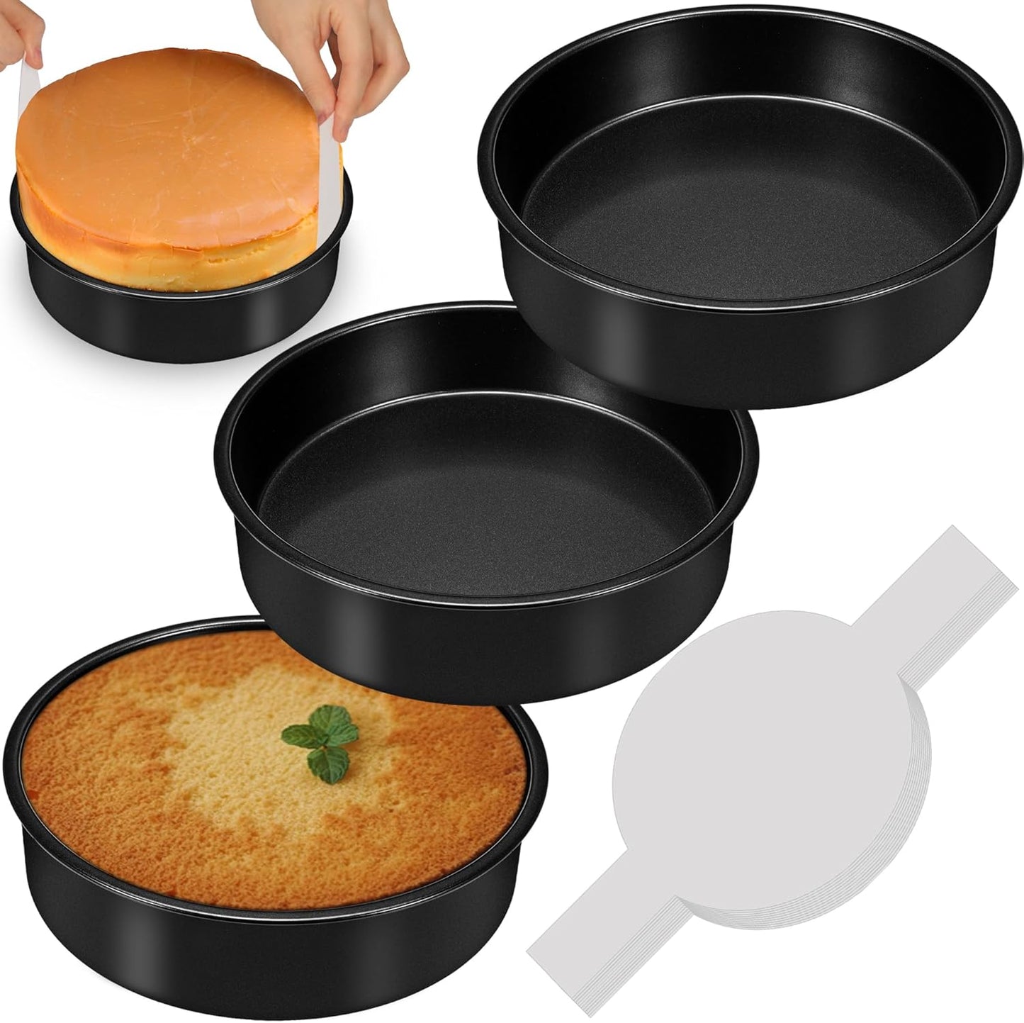 6 Inch Cake Pans Set of 3, Smash Cake Pans with 100PCS Parchment Paper for Layer Cakes, No-Stick Round Cake Pan Sets for Baking, Durable Baking Pan Set for Christmas Birthday, Dishwasher Safe