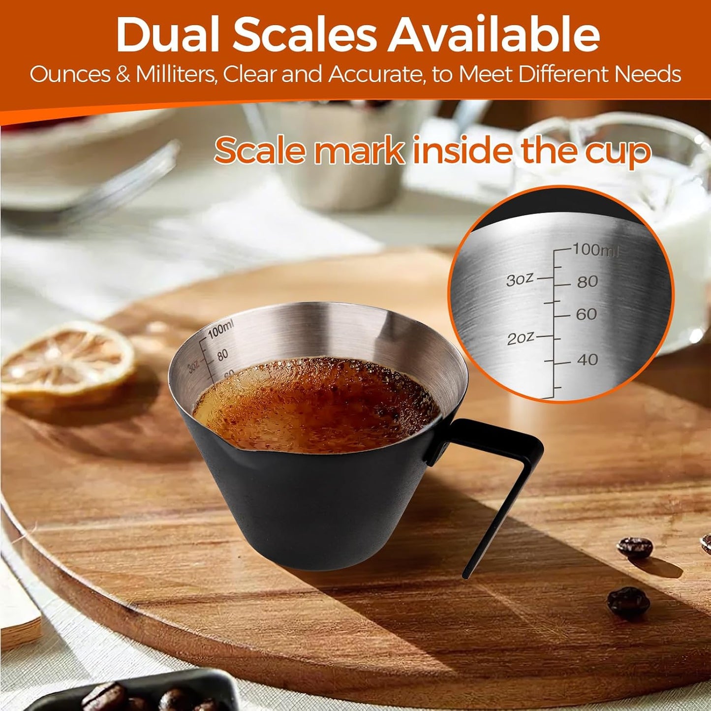 YARRAMATE Stainless Steel Espresso Shot Cup, Double Spout Metal Espresso Measuring Cup with V-Shaped Mouth, Espresso Accessories, 3.4OZ/100ML (Black)