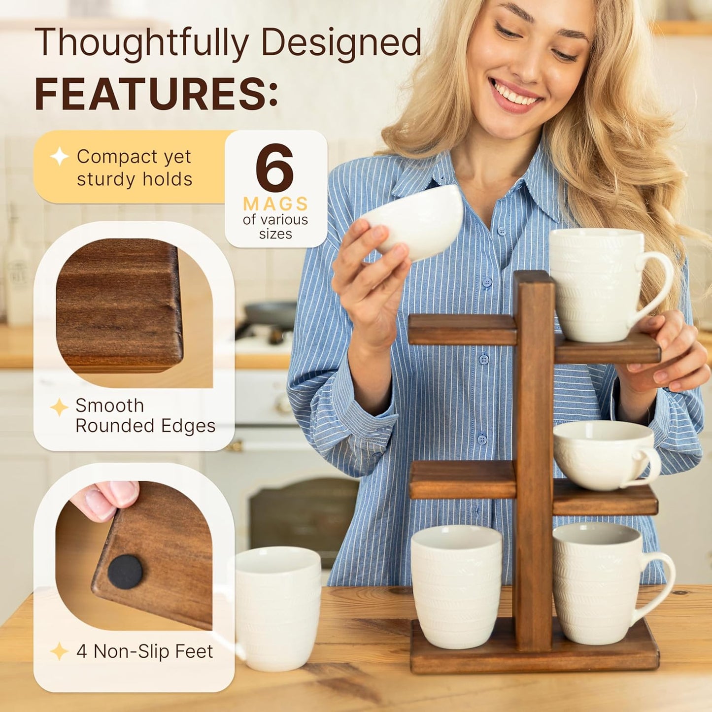 Coffee Cup Holder for Kitchen Counter - Premium Coffee Mug Organizer Holds 6 Mugs - Handmade Wooden Cup Holder with Non-Slip Feet, Stained Espresso Finish, Screwdriver & 6 Screws