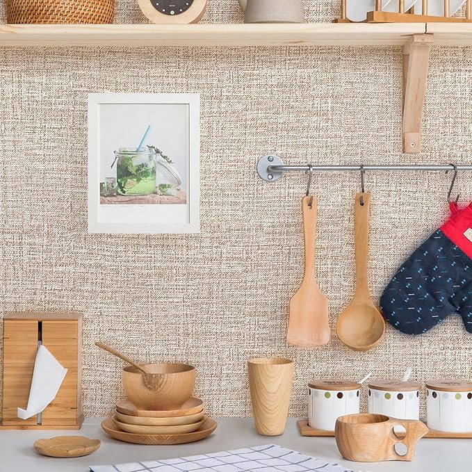 Khaki Grasscloth Peel and Stick Wallpaper 17.3"x120" Faux Linen Textured - Image 3