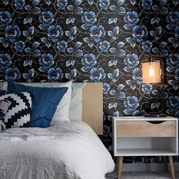 FLFK Black Wallpaper Peel and Stick Dark Blue Floral Wallpaper 16" x 64" - Image 6