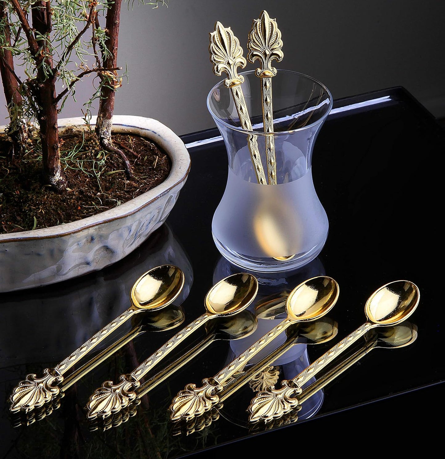 Alisveristime Turkish Tea Spoons Set – 6-Piece Zamac Ottoman-Style Decorative Spoons for Tea & Coffee (4.3”) (Gold)