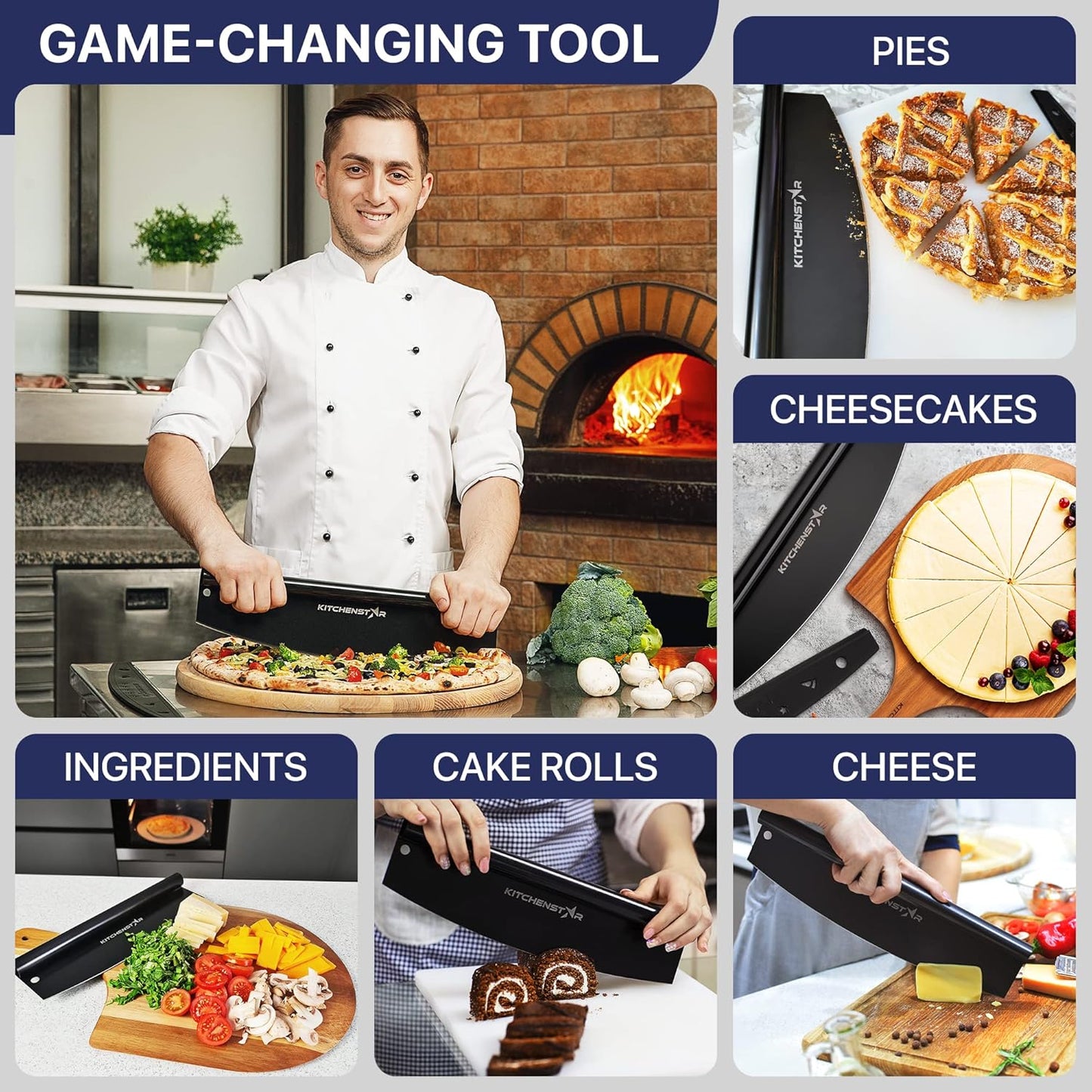 KitchenStar 18-Inch Pizza Cutter Rocker Blade - Sharp Stainless Steel Slicer Knife, Protective Cover, Black Nonstick, Extra Large - Commercial Pizza Oven Accessories