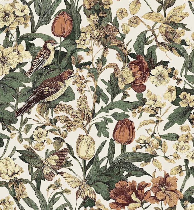 Erfoni 17.3" x118" Floral Birds Wallpaper Vintage Floral Peel and Stick by Erfoni