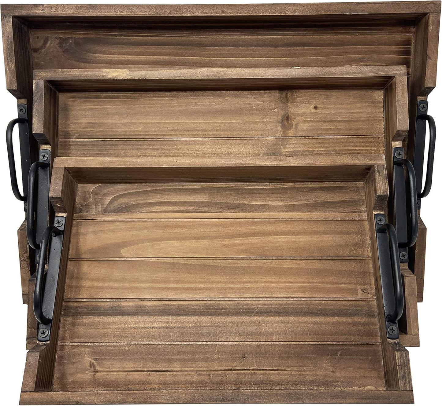 3 Piece Decorative Nested Vintage Wood Serving Tray Set for Coffee Table or Ottoman – Rustic Wooden Breakfast Trays for Kitchen, Dining Room, or Living Room – Farmhouse Platter w/Handles – Brown