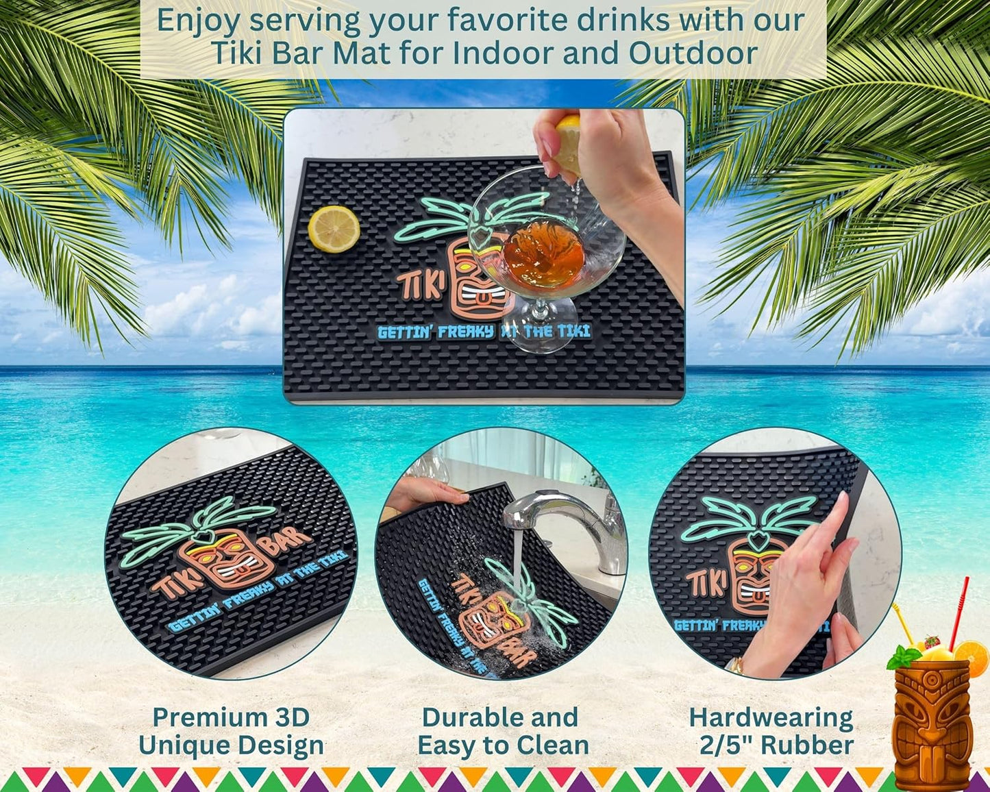 Tiki Bar Mat Warrior Head Mat Gettin Freaky at The Tiki 18x12 in Tiki Decor Hawaiian Decorations, Luau Party Decorations & Hawaiian Party Decorations Bar Mats for Countertop, Tiki Man Luau Decorations