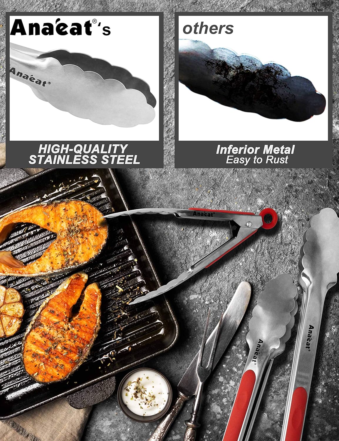 Anaeat Premium Sturdy Barbecue Tongs for Kitchen Grill & BBQ - 7,9,12 Inch Non-Slip Stainless Steel Locking Tongs Heat Resistant for Grilling, Cooking, Turning and Barbecue