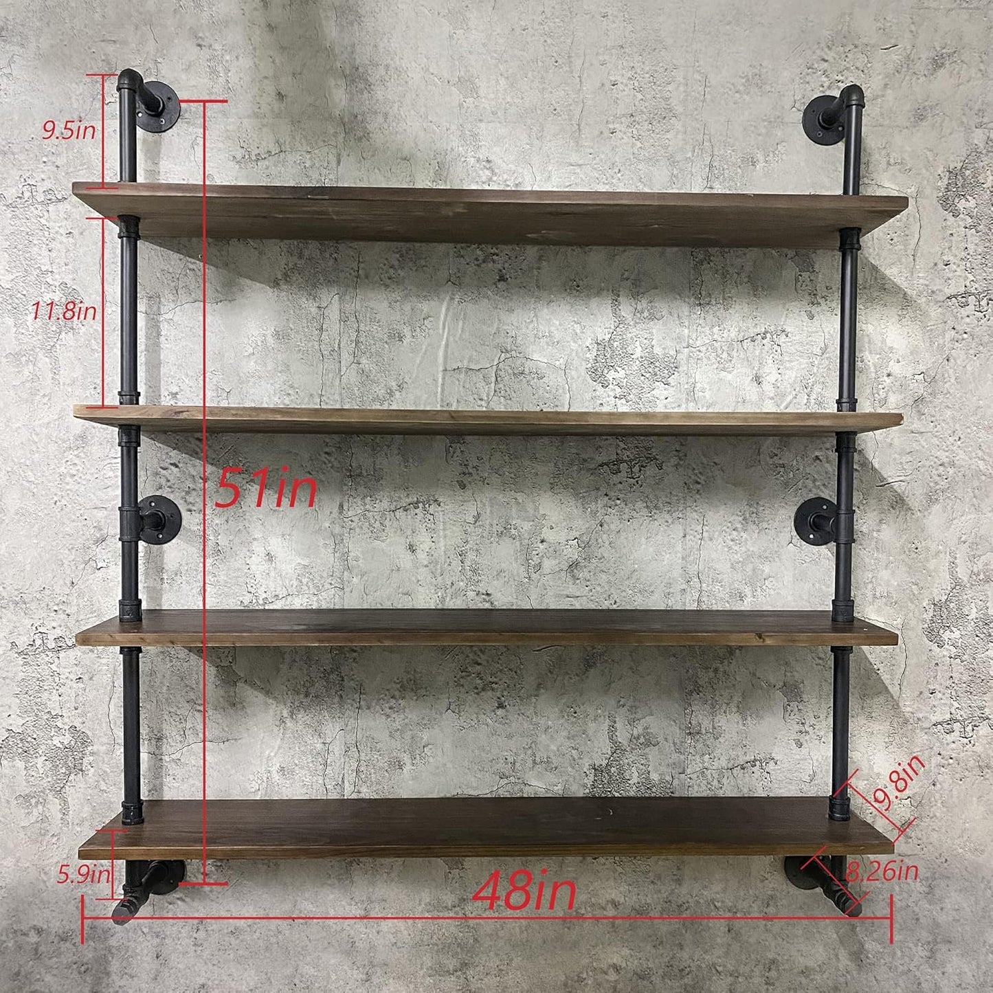 Industrial Pipe Wall Shelves Pipe Shelving with Real Wood Plank,48 Inches Floating Shelves for Wall Farmhouse Pipe Book Shelves Dark Brown 4 Tier for Kitchen,Living Room Decor and Bar Shelving