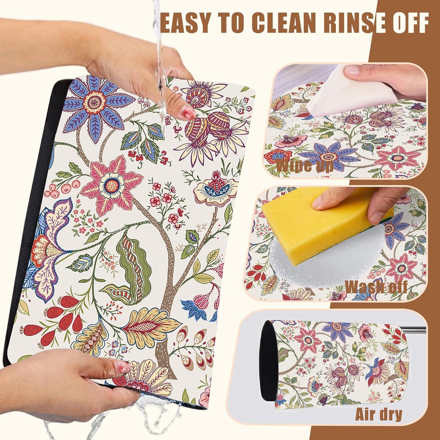 Colorful Flowers Dish Drying Mat for Kitchen Counter Coffee Bar Mat Hide Stain Absorbent Rubber Backed Coffee Maker Espresso Machine Accessories 15.7 x 23.6 Inch