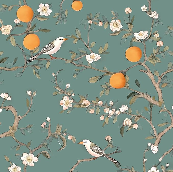 Green Floral Wallpaper Peel and Stick, Birds & Orange Fruits Contact Paper by Laatse
