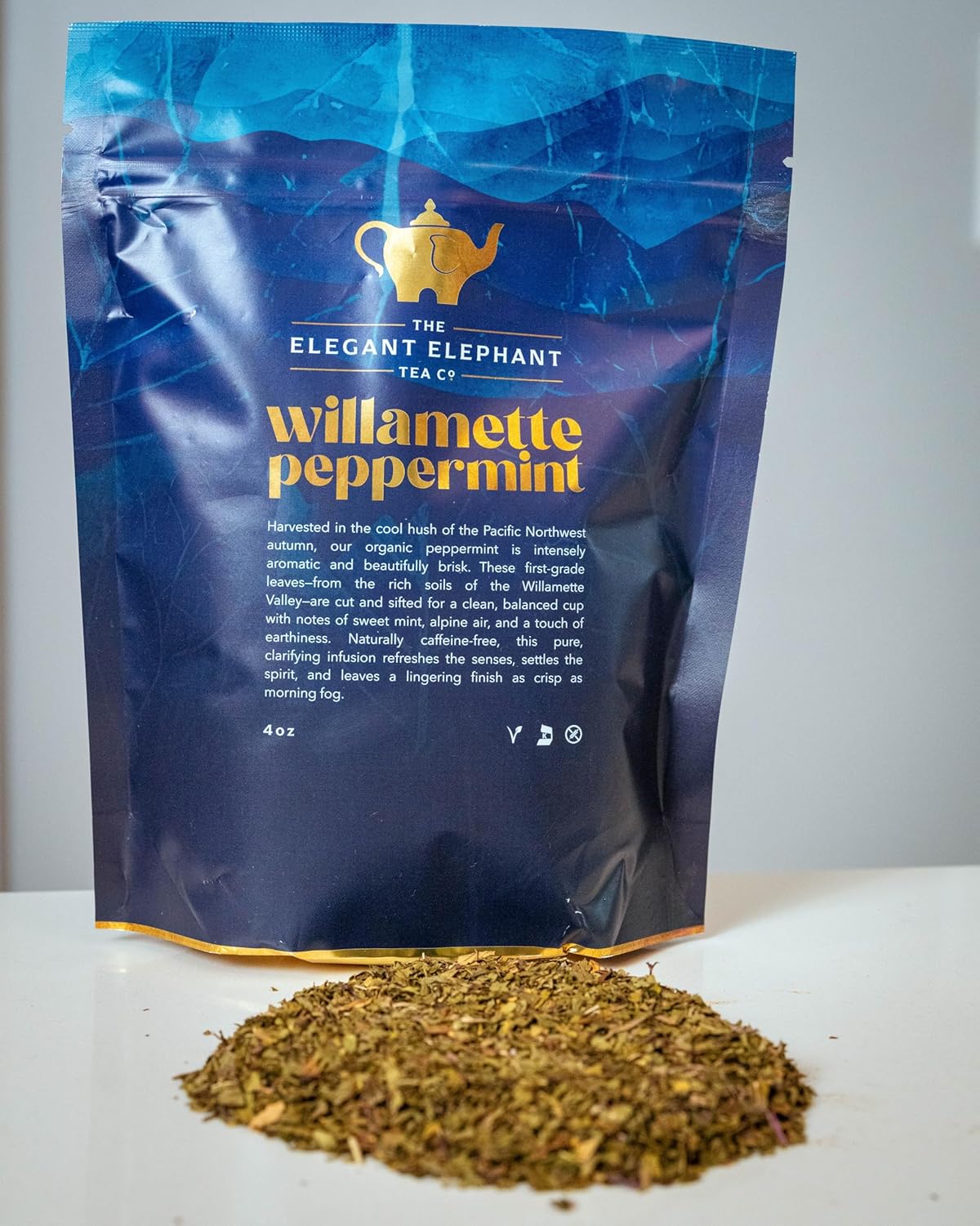 Willamette Peppermint Tea, Organic Loose Leaf Mint Herbal Tea – Soothing, Caffeine-Free – Refreshing Hot or Iced – 4 oz Resealable Bag (Makes 50 Cups) – The Elegant Elephant