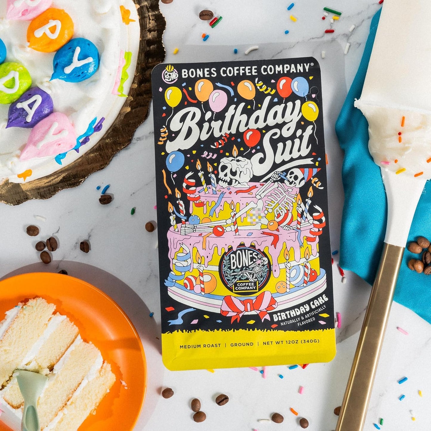 Bones Coffee Company Birthday Suit, Birthday Cake Flavored Coffee, Medium Roast Low Acid Arabica Beans Compatible with Auto drip and French Press Coffee Maker, 12 Oz Ground