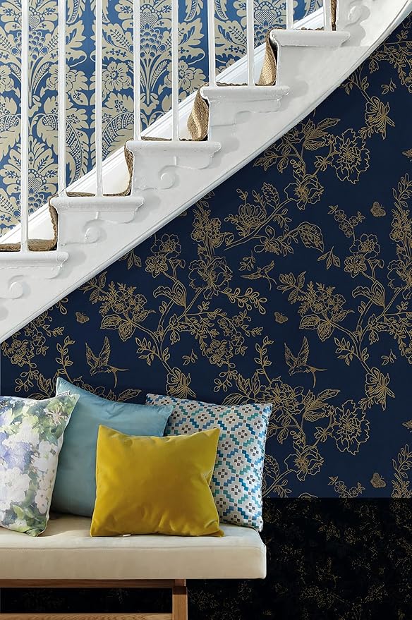 Froluya Dark Blue and Gold Vintage Floral Peel and Stick Wallpaper 17.7"x393.7" - Image 3