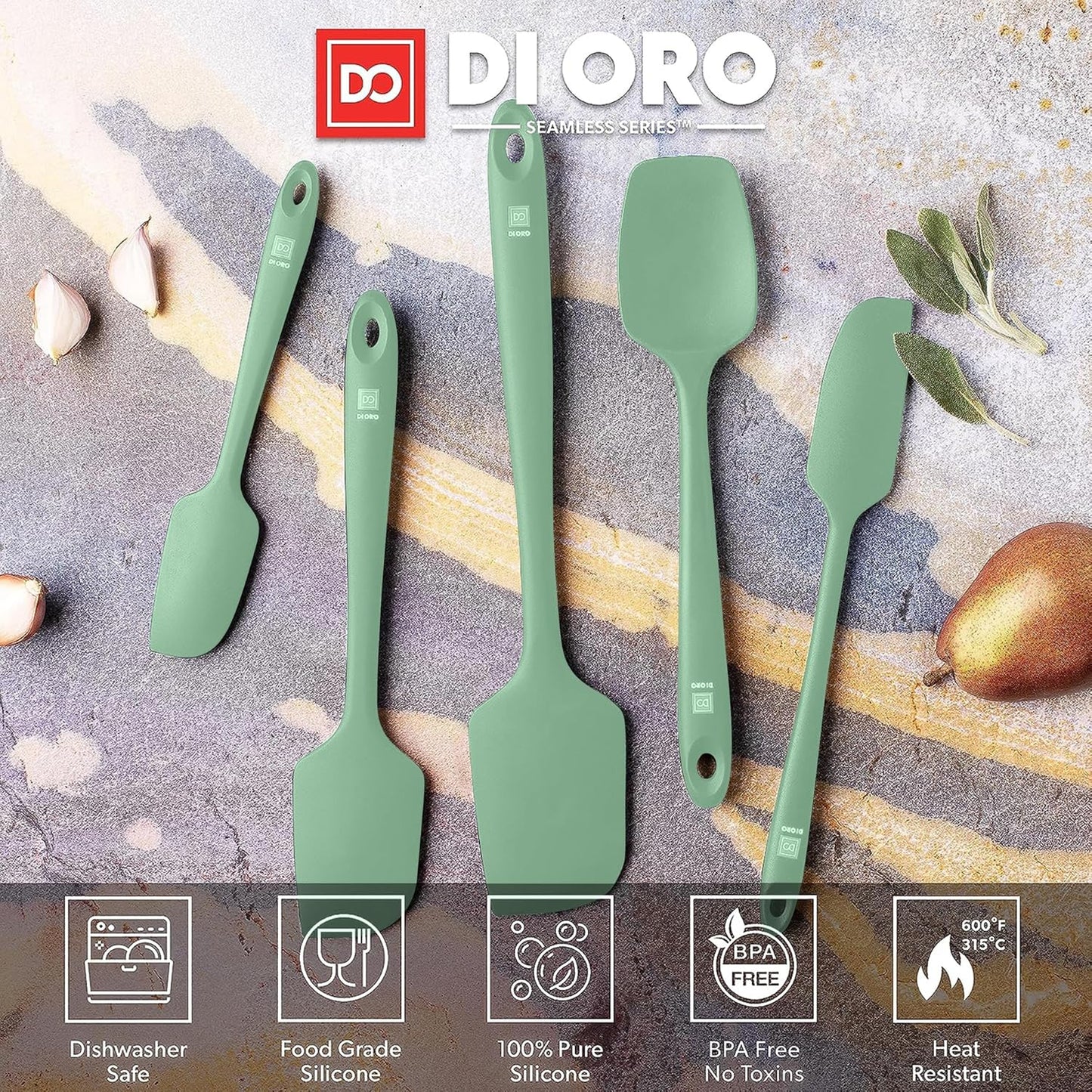 DI ORO Silicone Spatula Set - Rubber Kitchen Spatulas for Baking, Cooking, & Mixing - 600°F Heat-Resistant & BPA Free Silicone Scraper Spatulas for Nonstick Cookware - Dishwasher Safe (5pc, Sage)