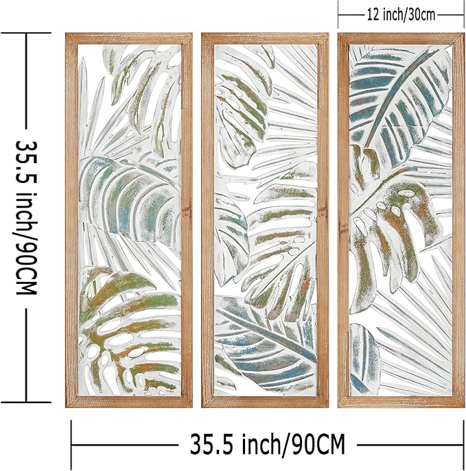 XIAOAIKA Boho Hand-Carved Wood Wall Art Decor, 35.5" Tropical Leaf Design - Image 2