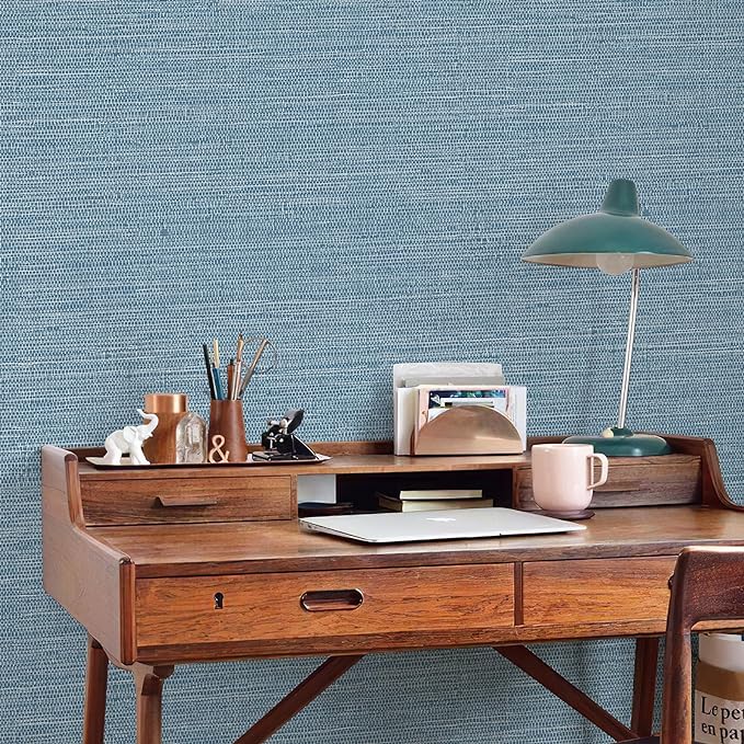 JiffDiff Grasscloth Wallpaper Peel and Stick 1181" x 17.3" Blue Cream - Image 6
