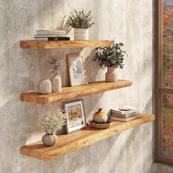 Floating Shelves Set of 2, Solid Elm Wood Wall Shelves 24 Inch - Image 2
