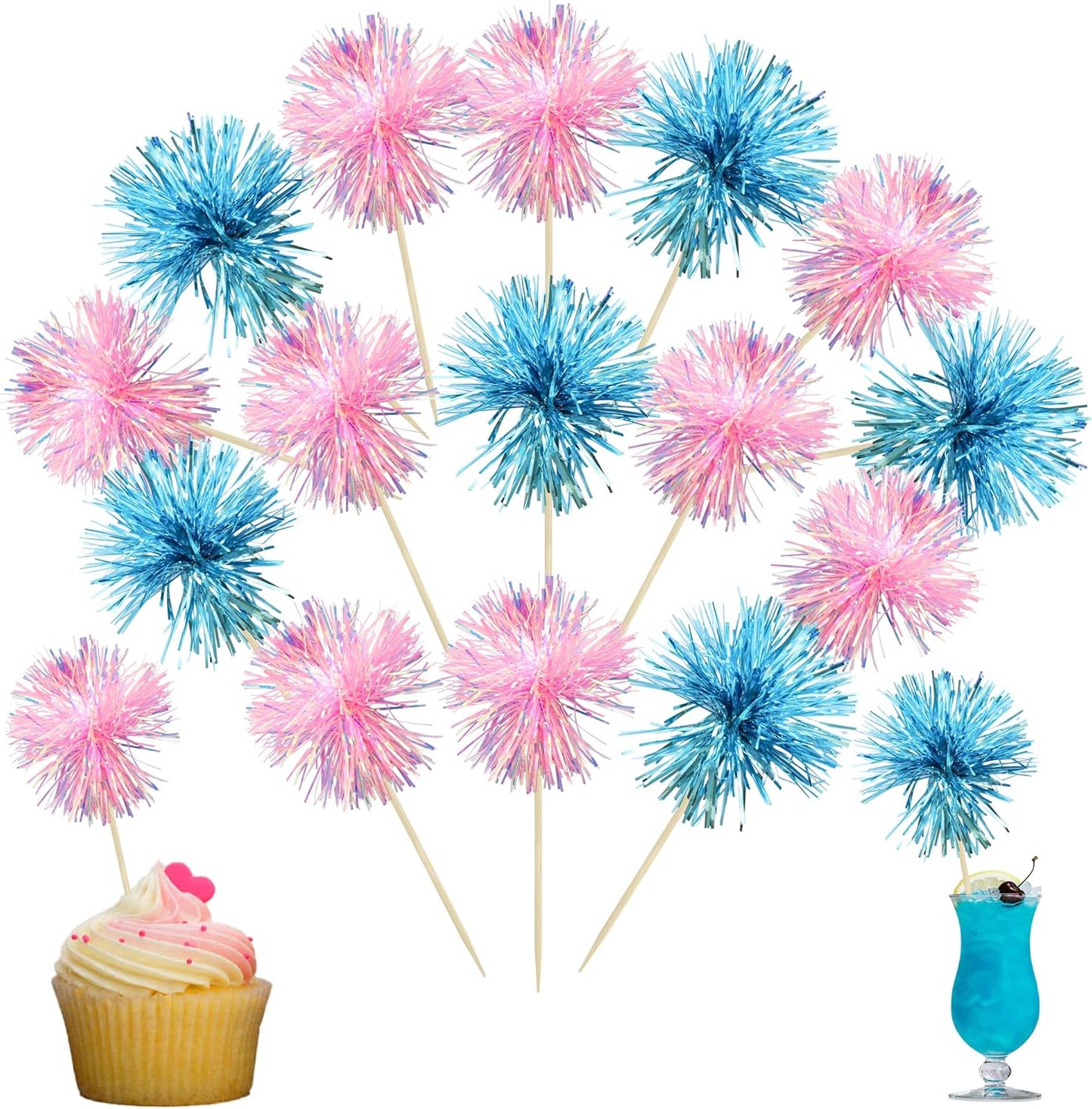 Ephlyn 30Pcs Foil Firework Cupcake Toppers Sparkle Tinsel Cupcake Picks Happy Birthday Cake Decorations Drink Stirrers Cocktail Food Toothpicks for Baby Shower Graduation Party Supplies Blue Pink