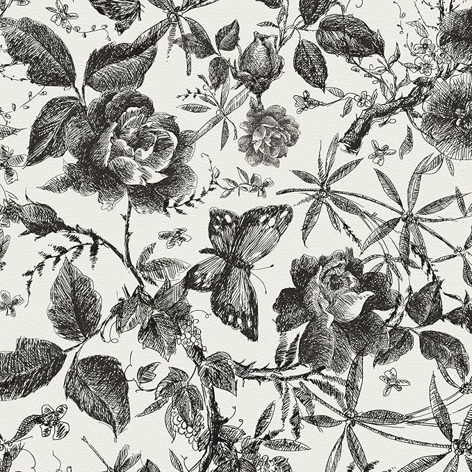 JiffDiff Floral Vintage Wallpaper Peel and Stick Wall Stick Black Rose by wallpaper