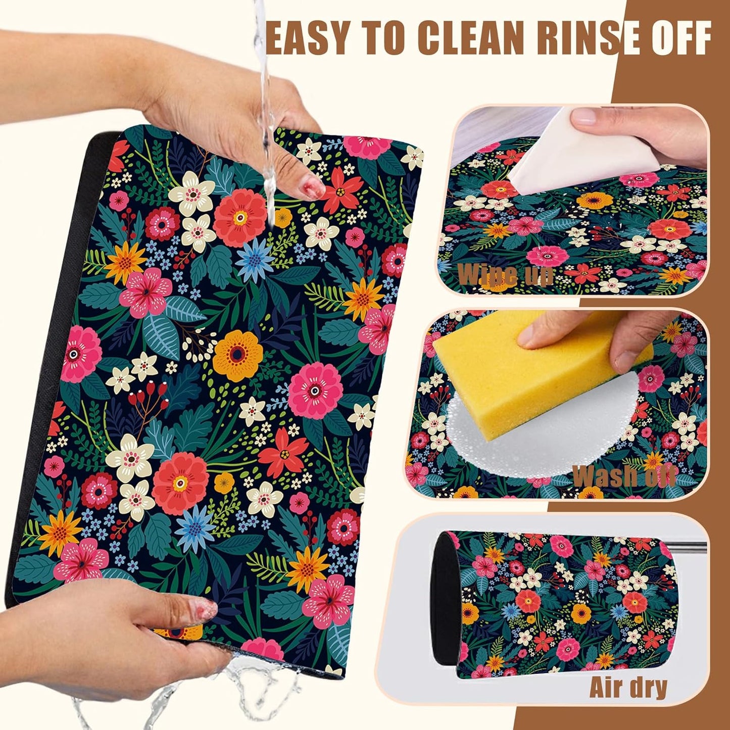 Dish Drying Mat Colorful Flowers and Leaves Coffee Bar Mat for Countertop Absorbent Hide Stain Rubber Backed Dish Drainer Rack Pad Espresso Machine Table Accessories Dining Room Decor 11.8 x 19.7 Inch