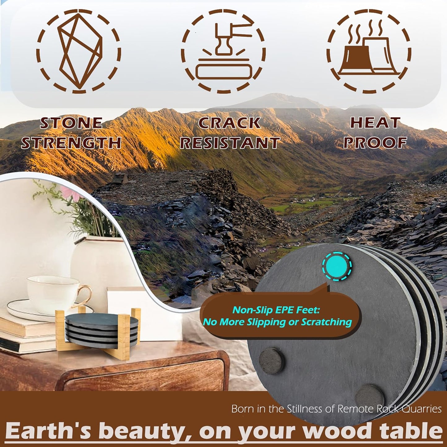 Black Nature Stone Coasters Set of 4, Slim Round Drink Coasters for Coffee Table Anti-Scratch, Boho Desk Décor for Office Bar Kitchen and Home, Protect Wood Glass Surfaces (4pack)