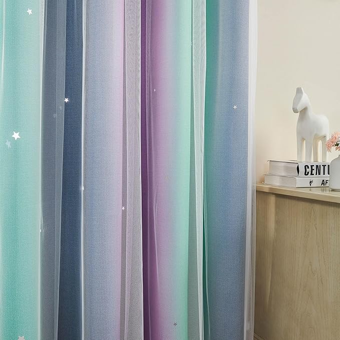 XiDi Curtains for Bedroom Decor, Rainbow Purplgreen grey52/54 - Image 2