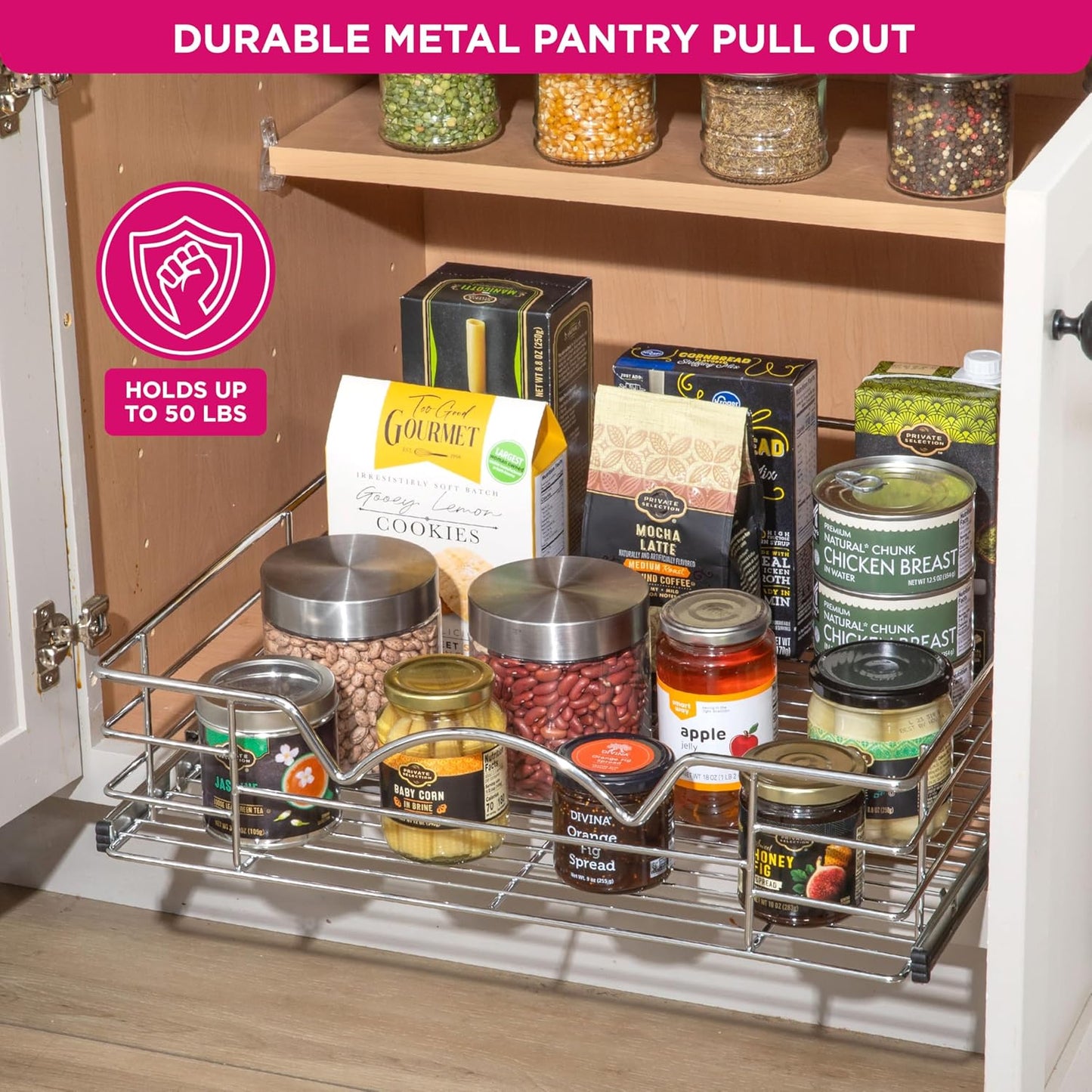 HOLDN’ STORAGE Heavy-Duty Premium Collection Pull Out Cabinet Organizer, Cabinet Drawer Slide Outs, Lifetime Limited Warranty - Basket Size 17" W x 21" D x 5" H, Anti-Rust Chrome Finish