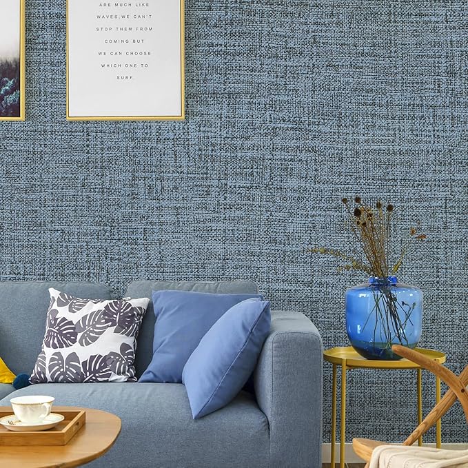 Blue Gray Grasscloth Peel and Stick Wallpaper 17.3"x480" Faux Linen Textured - Image 5