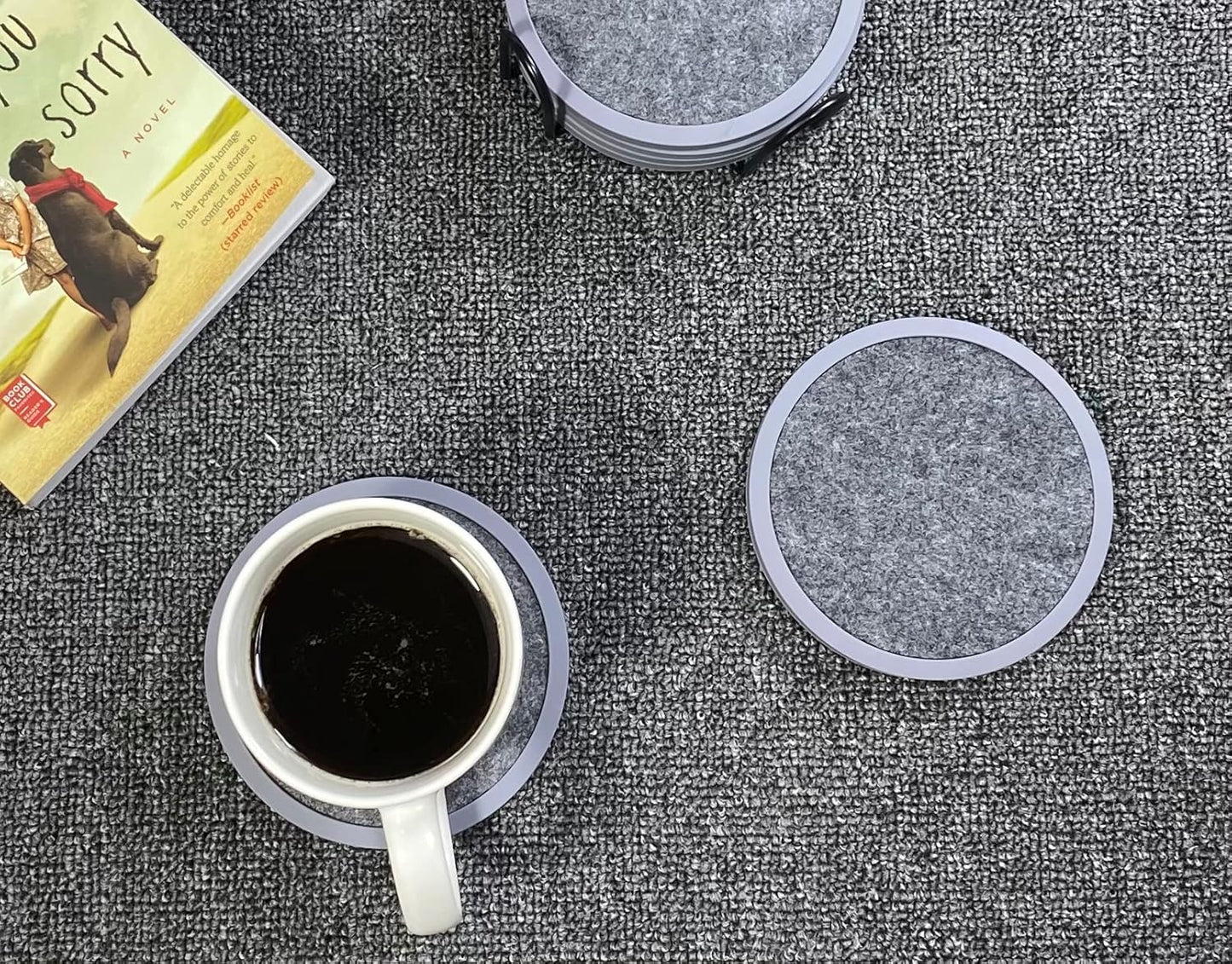 Absorbent Coasters for Drinks - 6packs, Silicone Coasters with Soft Felt Insert (4.3inch, Grey and Black)