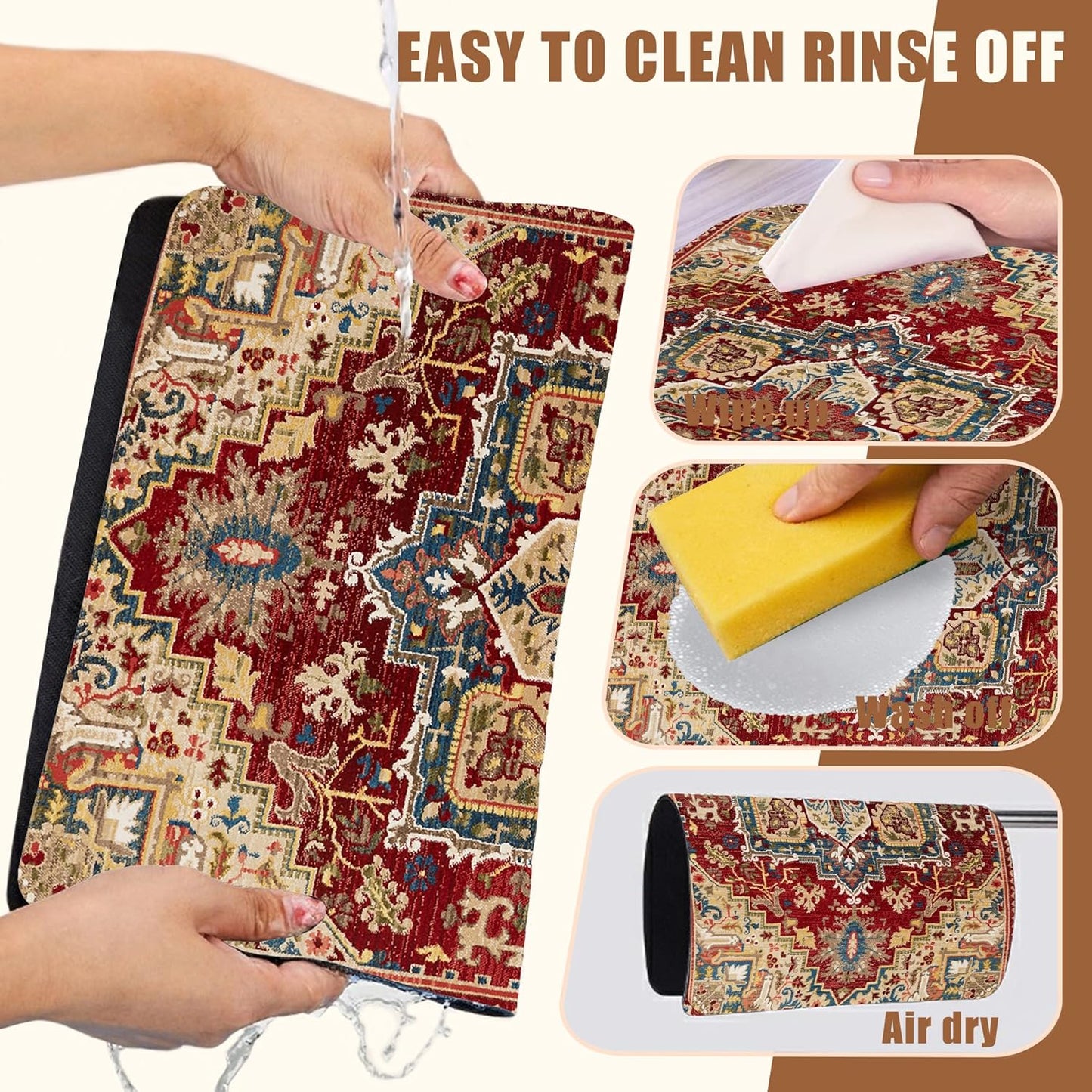 Boho Dish Drying Mat Persian Tribal Coffee Bar Mat for Countertop Absorbent Rubber Backed Hide Stain Dish Drainer Rack Pad Coffee Maker Espresso Machine Dining Room Decoration 11.8 x 19.7 Inch