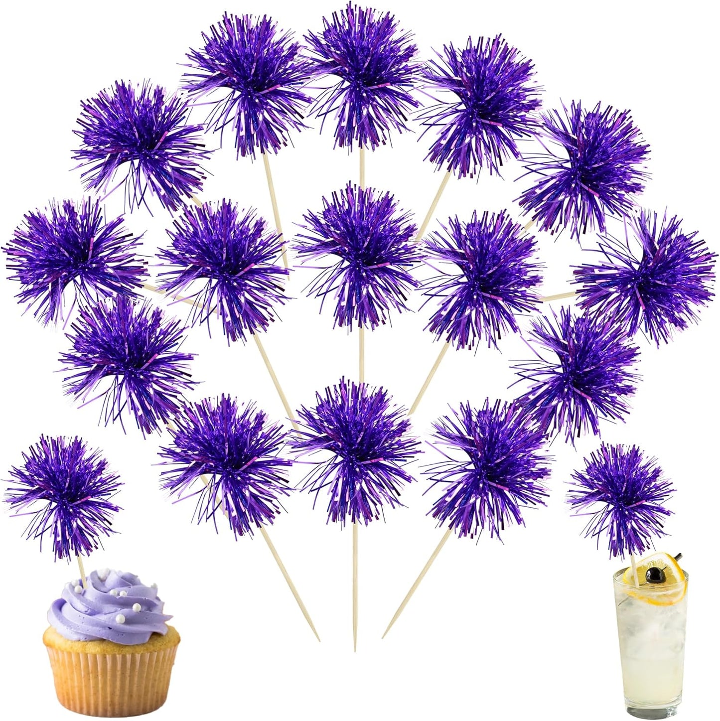 Ephlyn 30Pcs Foil Firework Cupcake Toppers Party Birthday Cake Toppers Supplies Sparkle Tinsel Cocktail Fruit Toothpick for Birthday Wedding Graduation Party Supplies Purple
