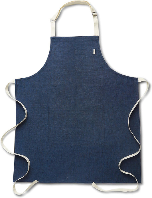 Solino Home Linen Kitchen Apron for Men & Women - 100% Pure Linen Indigo/Ivory Bib Apron with Front Pockets - Handcrafted from European Flax