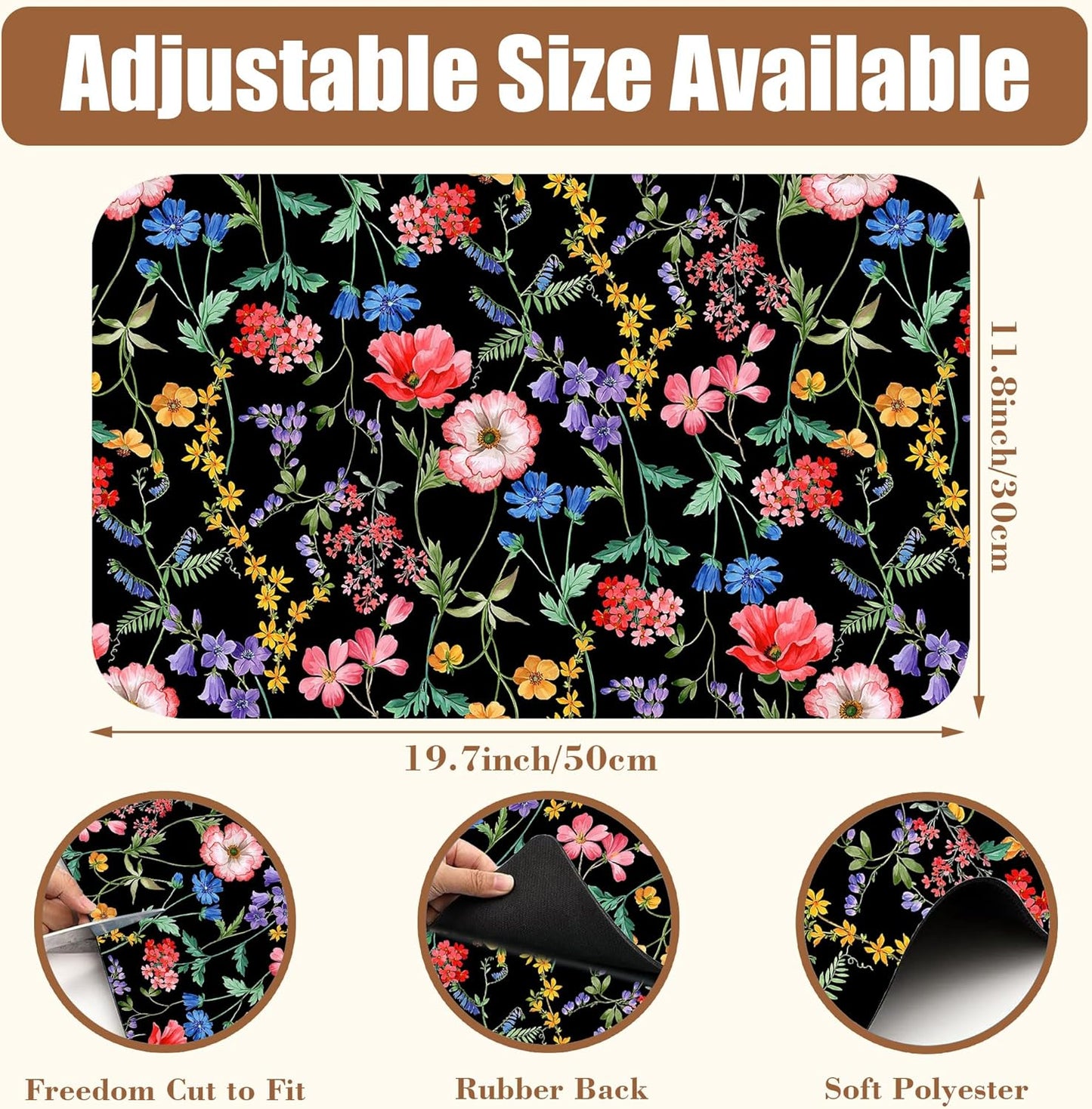 Beautiful Flowers Dish Drying Mat for Kitchen Counter Coffee Bar Mat Hide Stain Absorbent Rubber Backed Coffee Mat Coffee Maker Espresso Machine Coffee Bar Accessories 11.8 x 19.7 Inch