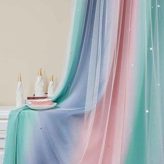 XiDi Curtains for Bedroom Decor, Rainbow Pinkgreen grey34/90 by Addsomecolortolife