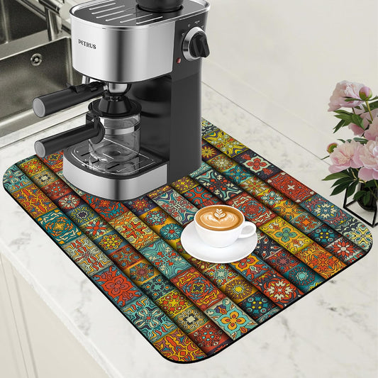 Boho Dish Drying Mat Colorful Mandala Flower Coffee Bar Mat for Countertop Absorbent Rubber Backed Hide Stain Dish Drainer Rack Pad Coffee Pot Espresso Machine Cafe Table Decoration 11.8 x 19.7 Inch