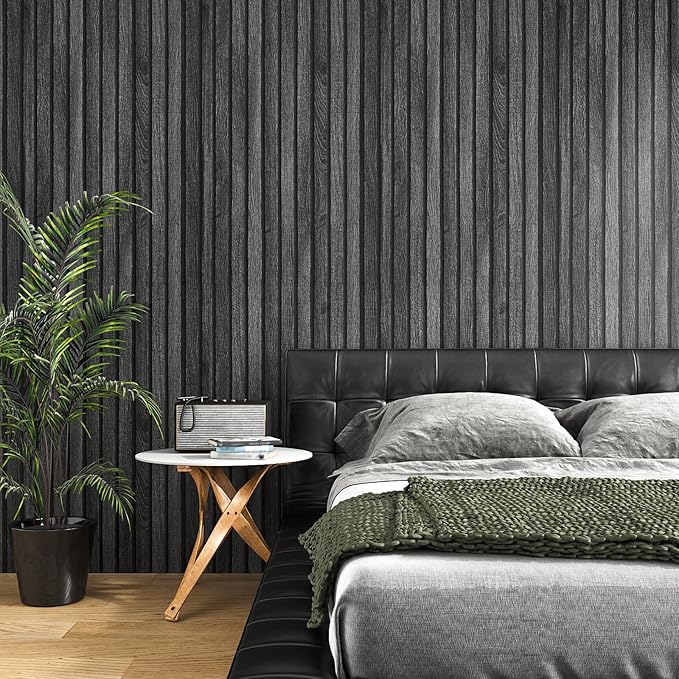 VEELIKE Charcoal Black Wood Slat Peel and Stick Wallpaper 24''x118'' Modern - Image 4