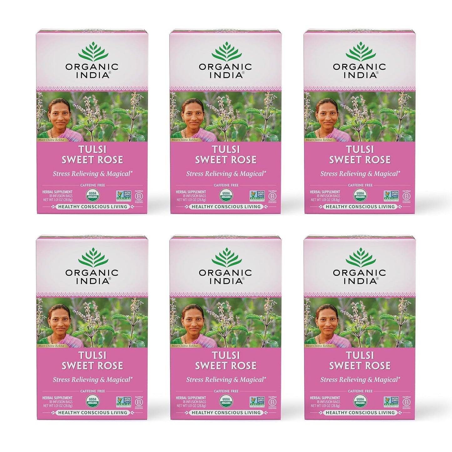 Organic India Tulsi Sweet Rose Herbal Tea - Holy Basil Leaf, African Basil, Chamomilie, Lemon Myrtle, Stress Relieving, Immune Support, USDA Certified Organic, Caffeine-Free - 18 Infusion Bags, 6 Pack