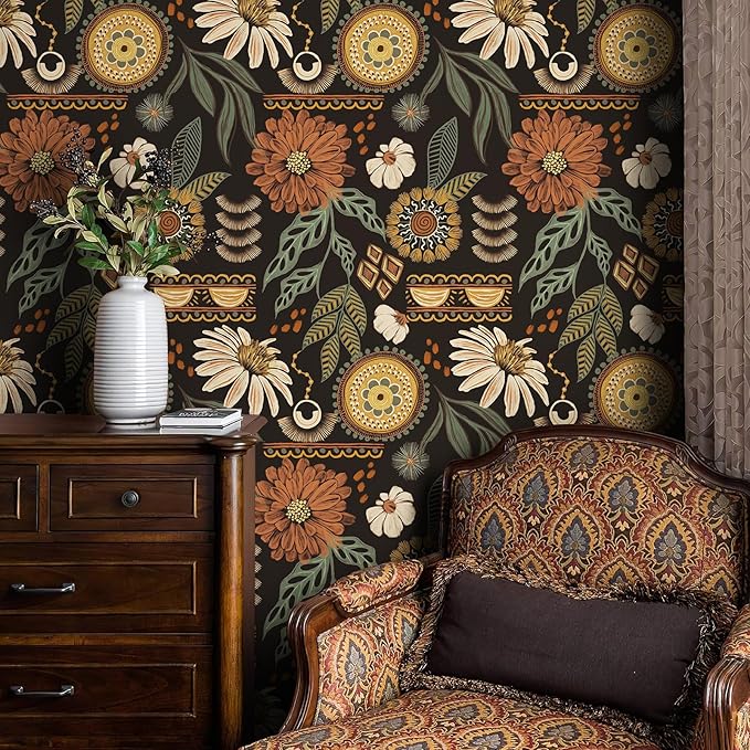 JiffDiff Boho Peel and Stick Wallpaper Vintage Floral Wall Paper Removable Sun by wallpaper