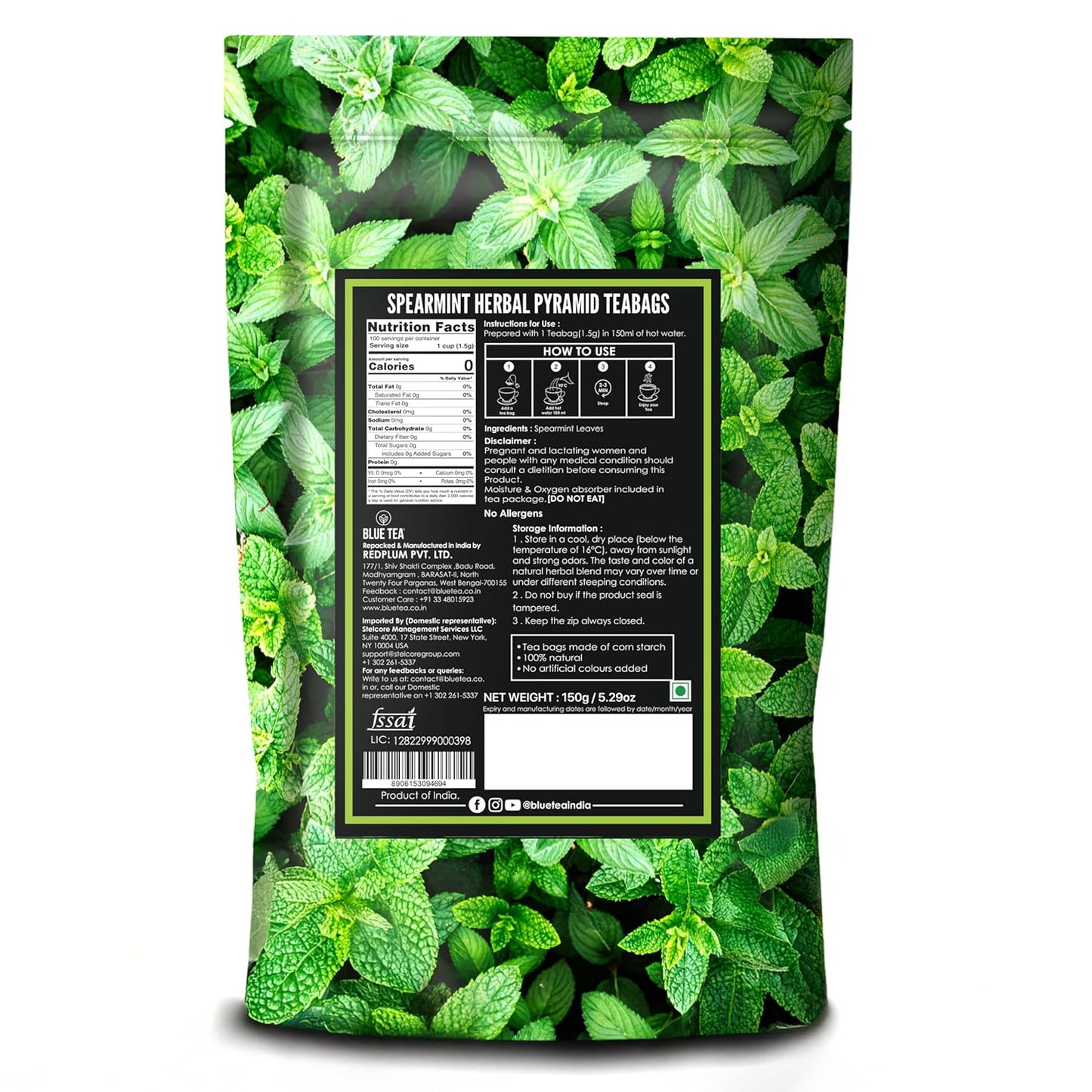 BLUE TEA - Spearmint Tea - 100 Count - Pyramid Plant Based Tea Bag | PCOS RELIEF | Balances Hormones - Support Digestion | Refreshing Flavour - Herbal Tea - Leaf Based - Caffeine free | Ziplock Pouch