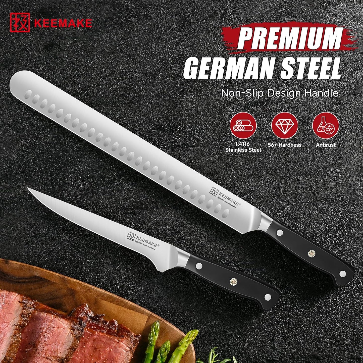 KEEMAKE BBQ Carving Knife Set, Brisket Knife and Boning Knife for Meat Cutting, High Carbon Stainless Steel Sharp Knives Set for Kitchen, Carving Knives for Roast Meat Ham Turkey