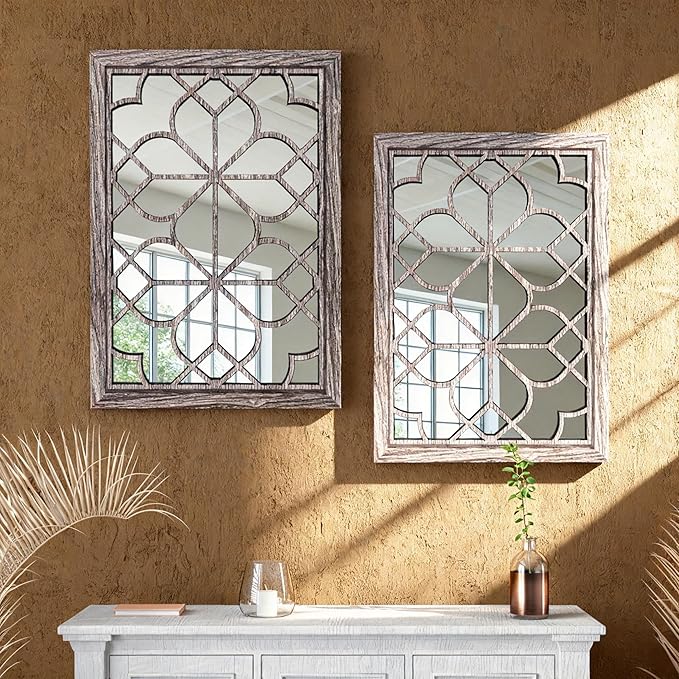Set of 2 19x26 Inch Large Brown Shatterproof Rectangular Wall Mirrors, Boho - Image 3