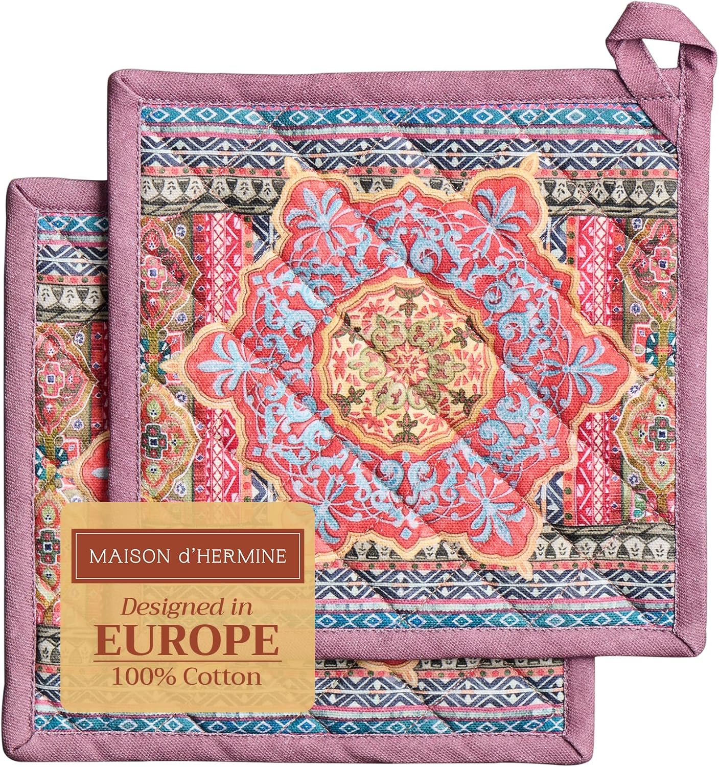 Maison d' Hermine Pot Holders Set 100% Cotton Heat Resistant Potholders 8" x 8" Hot Pads with Loop BBQ, Cooking, Baking, Grilling, Kitchen, Handling Hot Pans (Pack of 2, Ispahan)