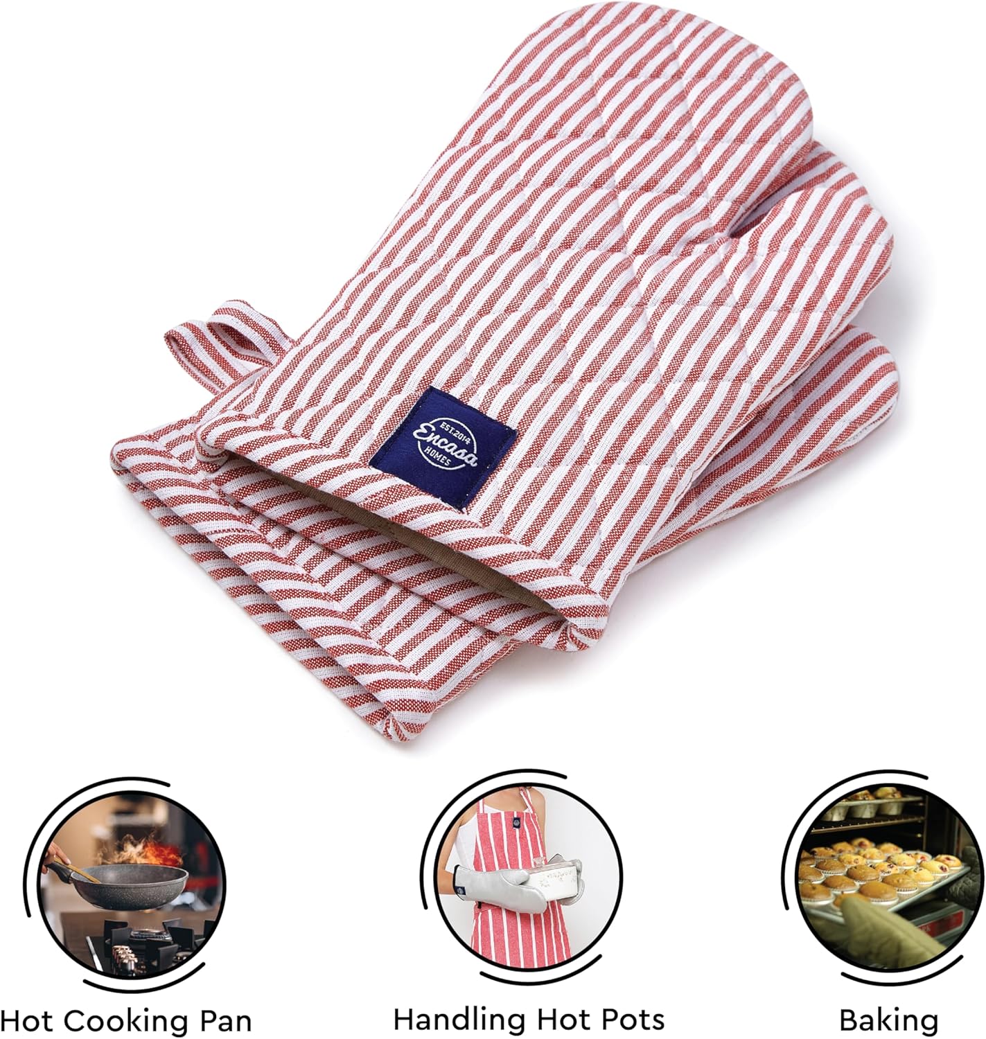 Encasa Homes Long 12"x7" Oven Microwave Hand Gloves Mitts (2 pc Set) for Kitchen Cooking & Baking - Heat Resistant, Thick & Safe, Protection of Hands from Hot Utensils - Ticking Red