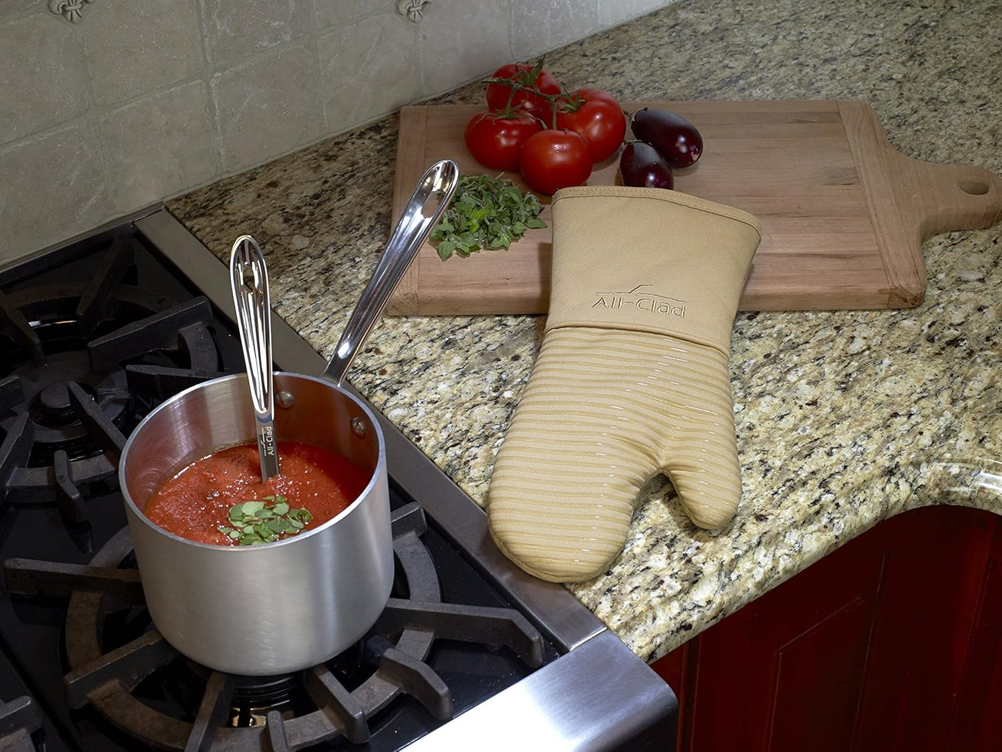 All-Clad Premium Silicone Oven Mitt: Heat Resistant to 500 Degrees - 100% Cotton & Silicone, 14"x7" Pot Holder for Kitchen and Barbeque, (1-Pack), Cappuccino