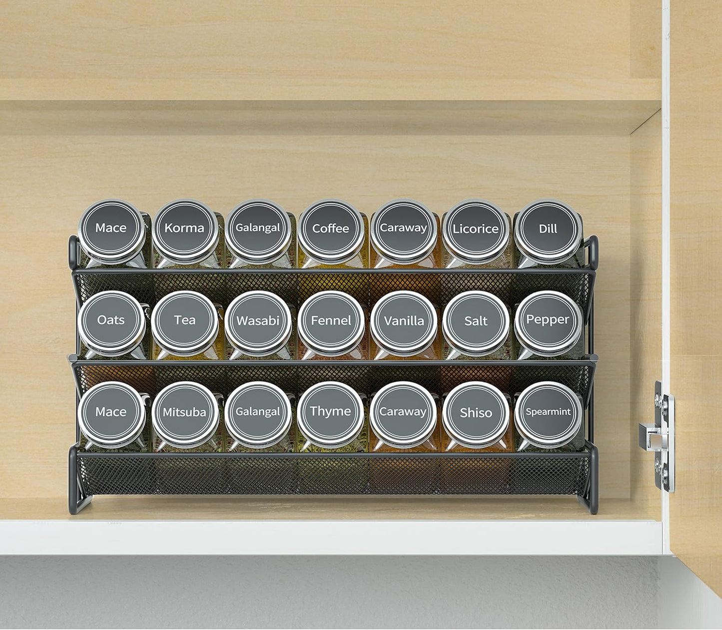 SpaceAid Spice Rack Organizer with 21 Spice Jars, 386 Spice Labels, Chalk Marker and Funnel Set for Cabinet, Countertop, Pantry, Cupboard or Door & Wall Mount - 21 Jars, 13.4" W × 9" H, Black