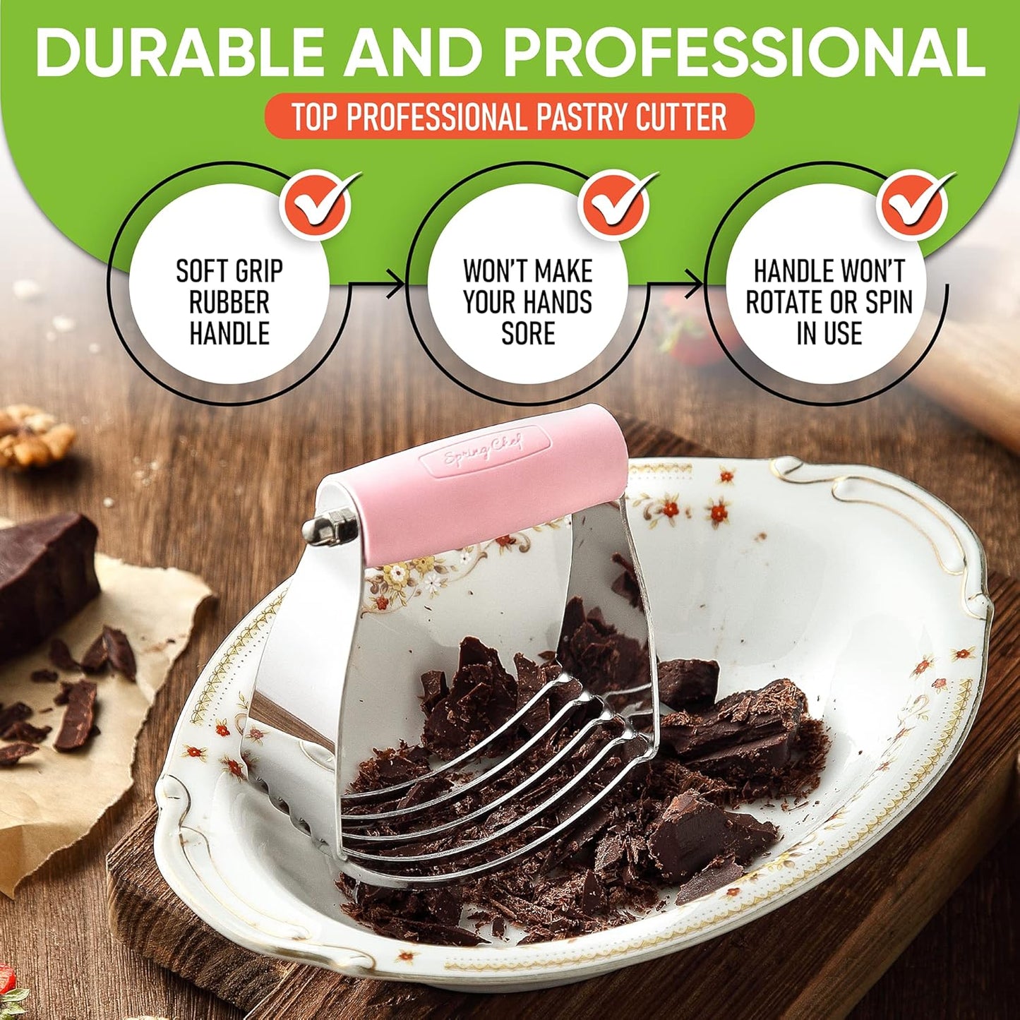 Spring Chef Medium Size Dough Blender For Baking, Stainless Steel Dough Cutter Tool, Manual Pastry Cutter Tool with Sharp & Thick Blades, Dishwasher Safe Pastry Blender for Easy Mixing - Pink Lemonade