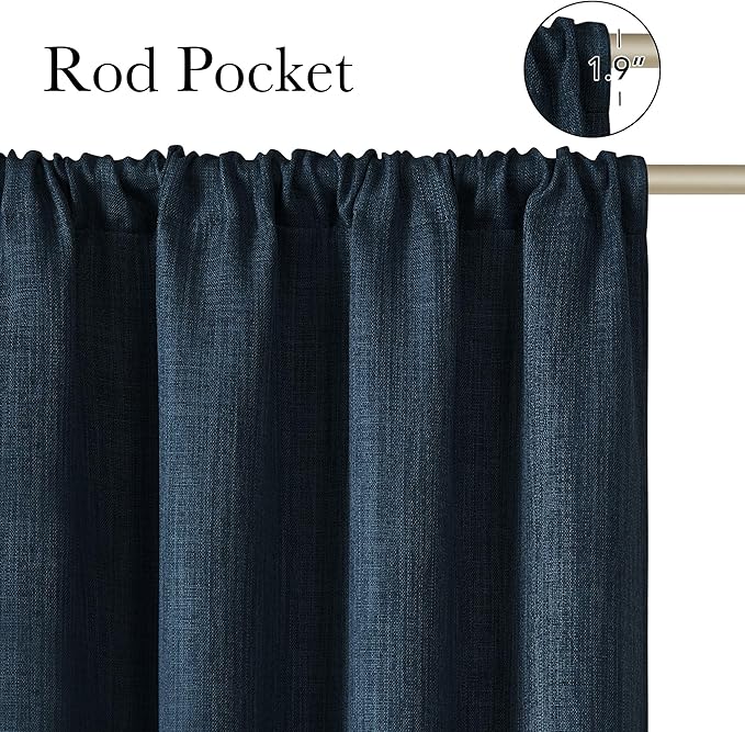 NICETOWN Navy Blue Faux Linen Room Darkening Rod Pocket Curtains 63 inch Length - Image 2