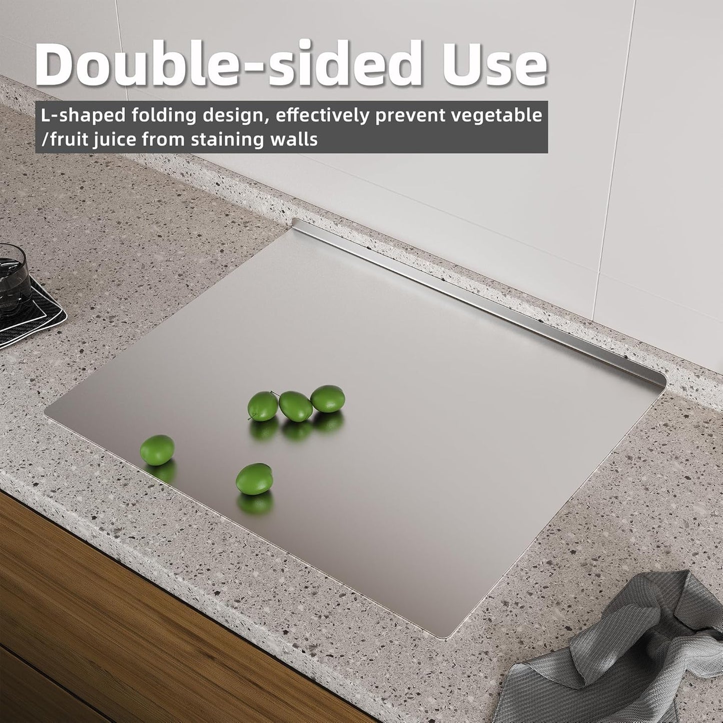 KORVOS Stainless Steel Cutting Board, 15.7" x 11.8" Double-Sided Metal Cutting Board for Kitchen, Chopping Board with Lip&Non-Slip Mat, Easy to Clean, Suitable for Meat, Fruits&Baking