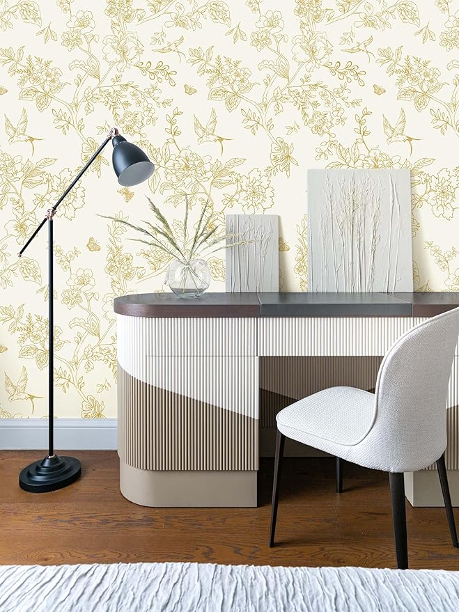 Froluya Cream White and Gold Floral Wallpaper Peel and Stick Wallpaper - Image 2